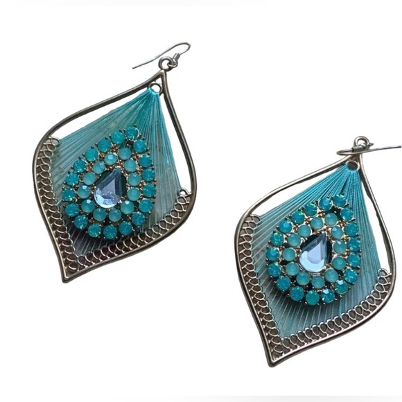 Stunning Blue Green Thread & Rhinestones Large Bohemian Earrings Woman’s Jewelry - Picture 2 of 5